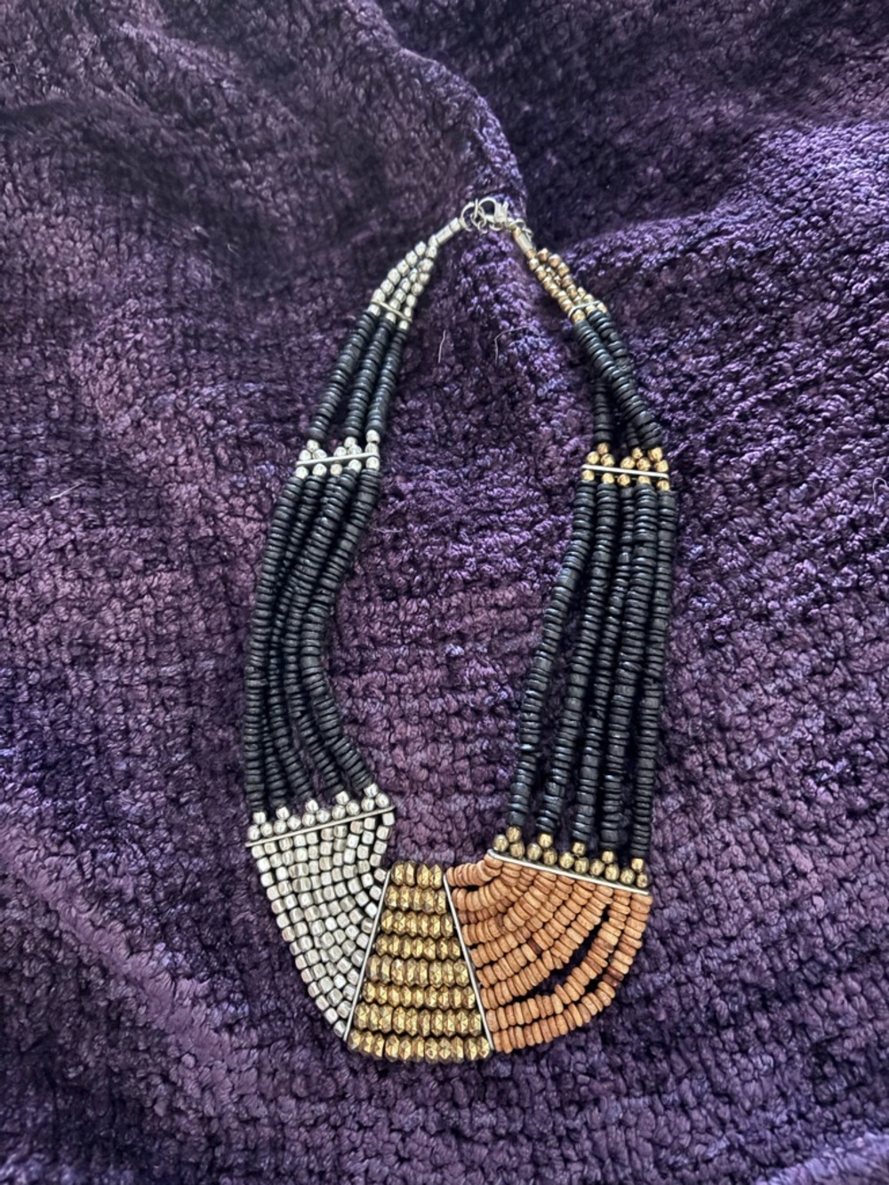 Vintage Black Beaded Necklace with Gold & Silver Accents